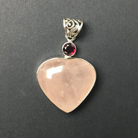 Rose Quartz Heart with Garnet Red Gem Faceted Oval Natural Gemstone Sterling Silver Pendant
