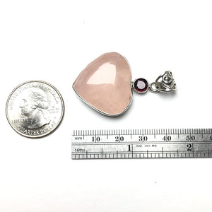 Rose Quartz Heart with Garnet Red Gem Faceted Oval Natural Gemstone Sterling Silver Pendant
