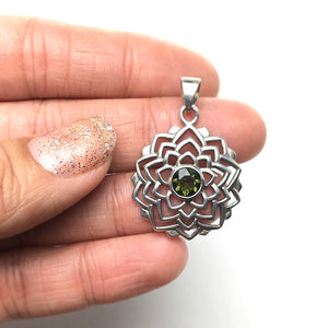 Moldavite Tektite Impact Space Glass Faceted Lotus Sterling Silver Pendant