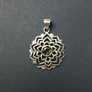 Moldavite Tektite Impact Space Glass Faceted Lotus Sterling Silver Pendant