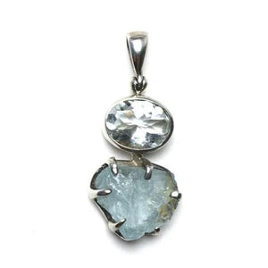 Aquamarine Ice Blue Gem Faceted Oval Raw Crystal Natural Gemstone Sterling Silver Pendant