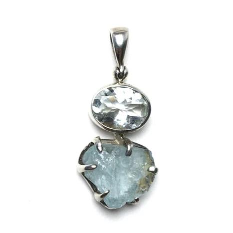 Aquamarine Ice Blue Gem Faceted Oval Raw Crystal Natural Gemstone Sterling Silver Pendant