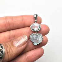 Aquamarine Ice Blue Gem Faceted Oval Raw Crystal Natural Gemstone Sterling Silver Pendant
