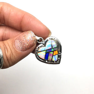 Gilson Opal Lab Created Rainbow Heart Shaped Gem Synthetic Sterling Silver Pendant