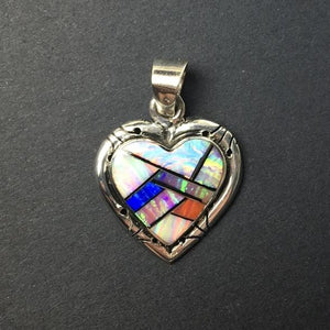 Gilson Opal Lab Created Rainbow Heart Shaped Gem Synthetic Sterling Silver Pendant