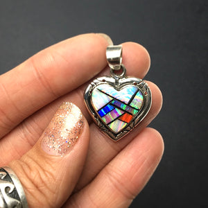 Gilson Opal Lab Created Rainbow Heart Shaped Gem Synthetic Sterling Silver Pendant