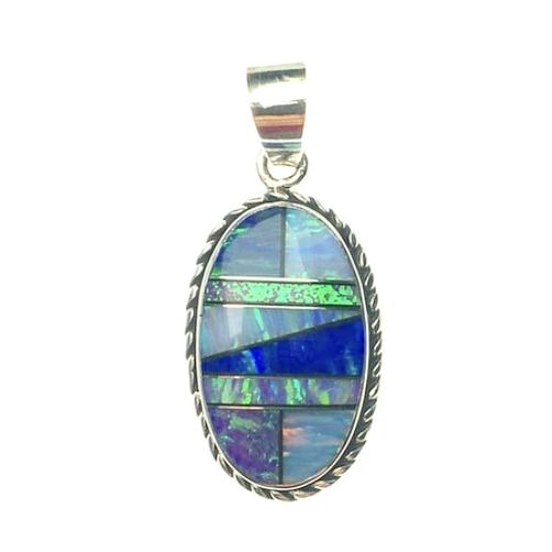 Gilson Opal Lab Created Rainbow Oval Shaped Gem Synthetic Sterling Silver Pendant