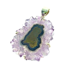 Amethyst Flower Stalactite Slice Purple Quartz Natural Gemstone Sterling Silver Pendant