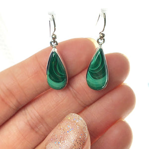 Malachite Banded Bright Green Gemstone in Sterling Silver Dangle Earrings