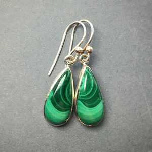 Malachite Banded Bright Green Gemstone in Sterling Silver Dangle Earrings