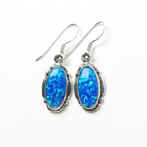 Gilson Opal Blue Oval Shaped Lab Created Drop Sterling Silver Dangle Earrings