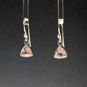 Morganite Pink Beryl Faceted Trillion Cut Natural Gemstone Sterling Silver Dangle Earrings