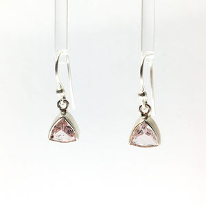 Morganite Pink Beryl Faceted Trillion Cut Natural Gemstone Sterling Silver Dangle Earrings