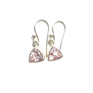 Morganite Pink Beryl Faceted Trillion Cut Natural Gemstone Sterling Silver Dangle Earrings