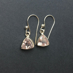 Morganite Pink Beryl Faceted Trillion Cut Natural Gemstone Sterling Silver Dangle Earrings