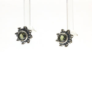 Moldavite Tektite Impact Space Glass Faceted Round Starburst Gems Sterling Silver Stud Earrings