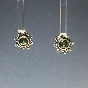 Moldavite Tektite Impact Space Glass Faceted Round Starburst Gems Sterling Silver Stud Earrings