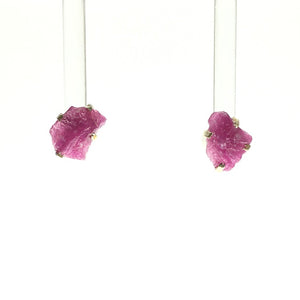 Ruby Dark Fuschia Pink Raw Crystal Sterling Silver Stud Earrings