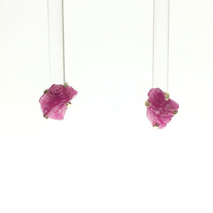 Ruby Dark Fuschia Pink Raw Crystal Sterling Silver Stud Earrings