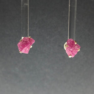 Ruby Dark Fuschia Pink Raw Crystal Sterling Silver Stud Earrings