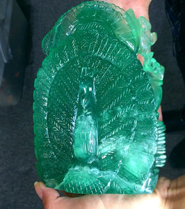 Green Fluorite Lord Ganesha Peacock XL Handcarved Polished Carving Stone Art