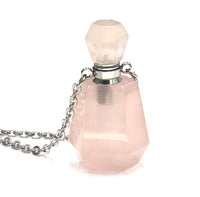 Rose Quartz Crystal Mini Bottle Gemstone Necklace for Essential Oil Perfume on Stainless Steel Chain

