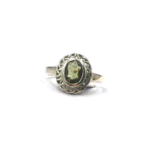Moldavite Natural Tektite Faceted Celtic Knotwork US Size 9 Sterling Silver Ring