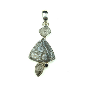 Fossilized Coral Herkimer Diamond Quartz Tourmalinated Quartz Spinel Sterling Silver Pendant