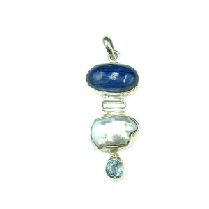 Multi Stone Sterling Silver Pendant with Blue Kyanite, Pearl and Blue Topaz