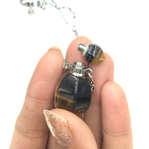 Tiger Eye Crystal Mini Bottle Gemstone Necklace for Essential Oil Perfume  on Stainless Steel Chain