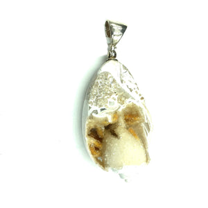 Druzy Fossil Shell Natural Crystallized Fossilized Slice Sterling Silver Pendant