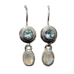 Rainbow Moonstone & Blue Topaz Sterling Silver Dangle Earrings