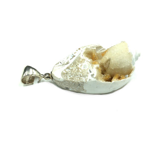 Druzy Fossil Shell Natural Crystallized Fossilized Slice Sterling Silver Pendant