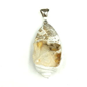 Druzy Fossil Shell Natural Crystallized Fossilized Slice Sterling Silver Pendant