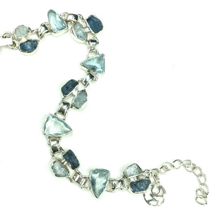 Aquamarine Ice Blue Gem Faceted Raw Oval Natural Gemstone Sterling Silver Bracelet