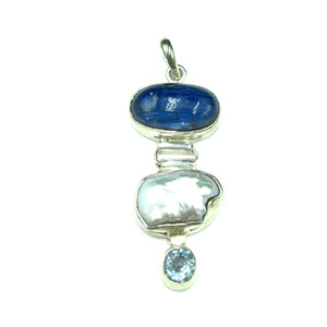 Multi Stone Sterling Silver Pendant with Blue Kyanite, Pearl and Blue Topaz