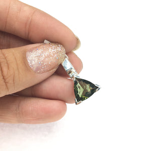 Moldavite Tektite Impact Space Glass Faceted Trillion Sterling Silver Pendant